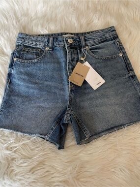 Mango Medium Blue High-Rise Frayed Hem Jean Shorts